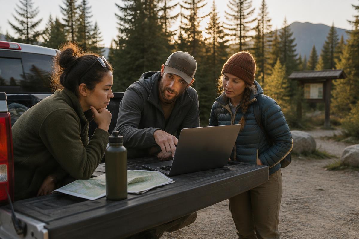 A small conservation team gathered around a laptop on a truck tailgate at a trailhead
