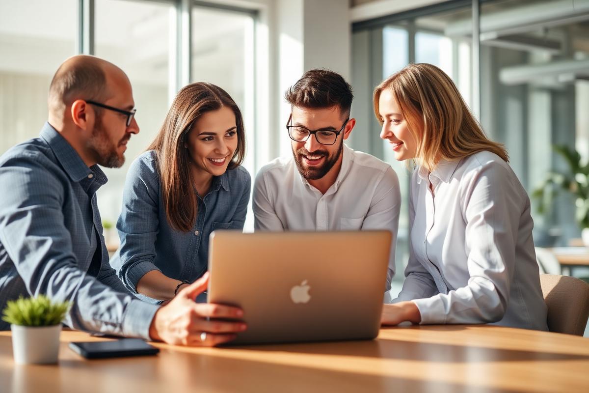 Colleagues gathered around a laptop while one explains an AI workflow