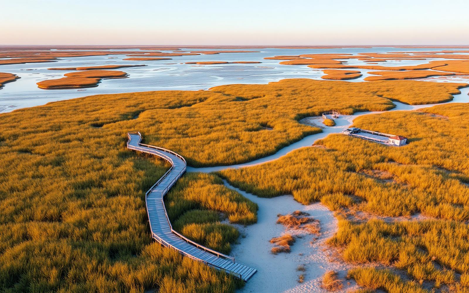 Aerial view of a coastal wetland preserve at golden hour with a winding boardwalk, tidal channels, a small parking area, and an interpretive kiosk