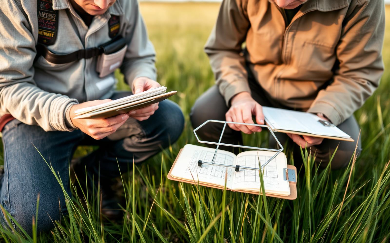Two volunteers kneeling in marsh grass recording observations in a field notebook beside a quadrat frame and clipboard