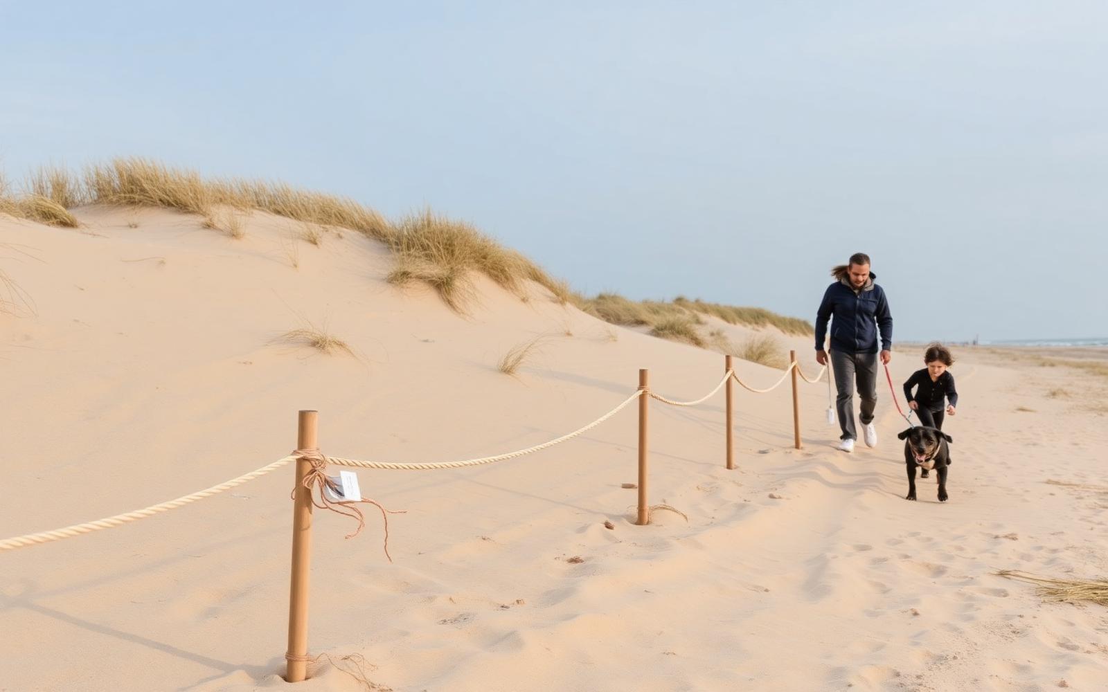 A roped-off shorebird nesting area on a sandy dune with a family and an off-leash dog approaching the edge of the roped zone
