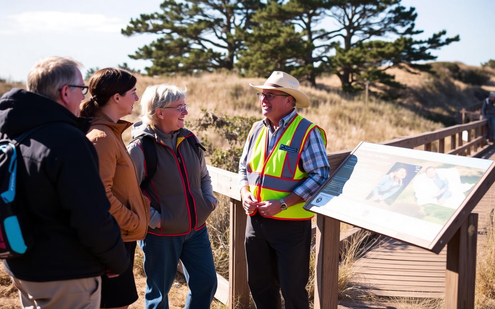 A volunteer steward in a high-visibility vest talking with three visitors beside an interpretive sign on a coastal boardwalk