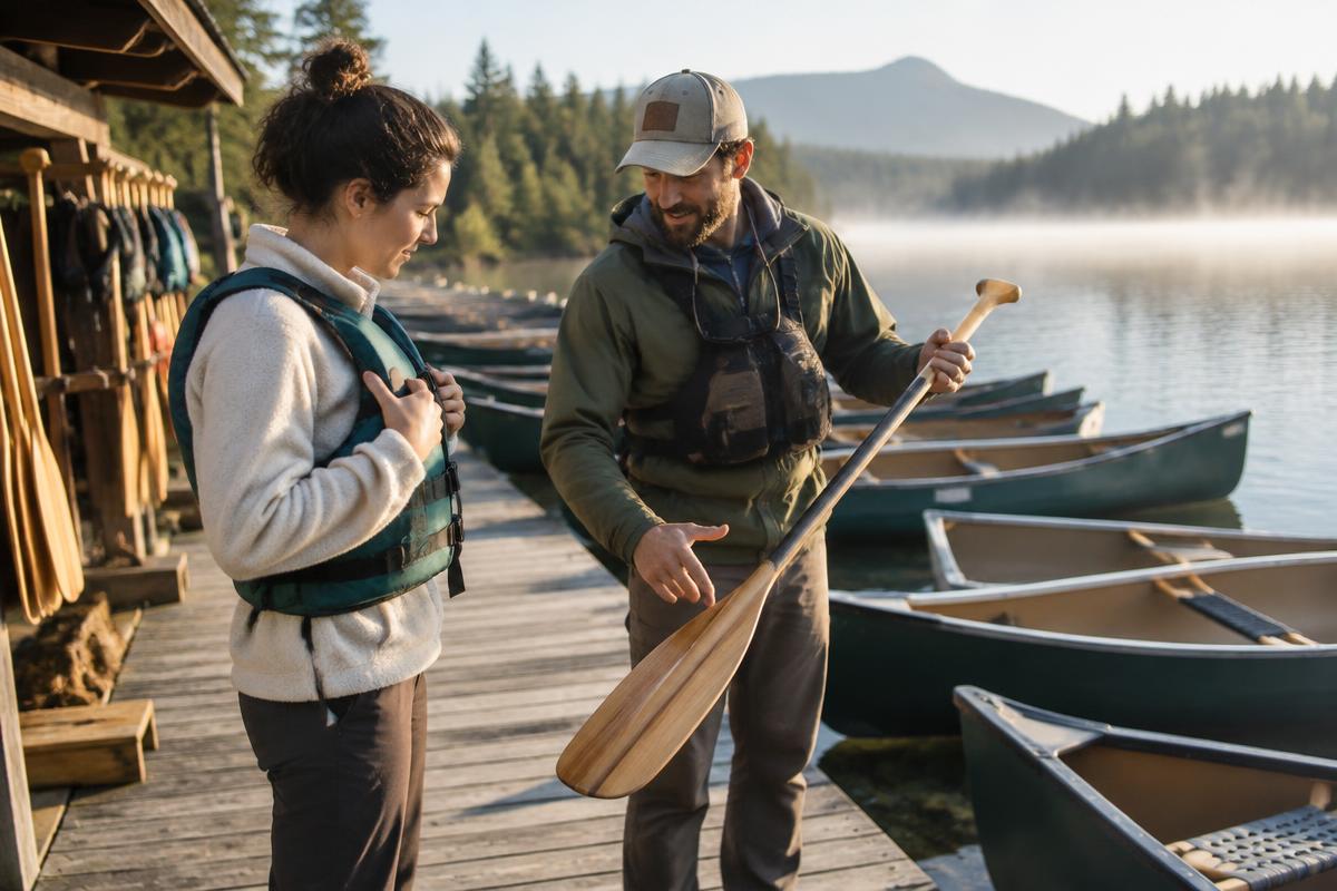A guide at a canoe rental dock helping a new customer get set up with a paddle and life vest