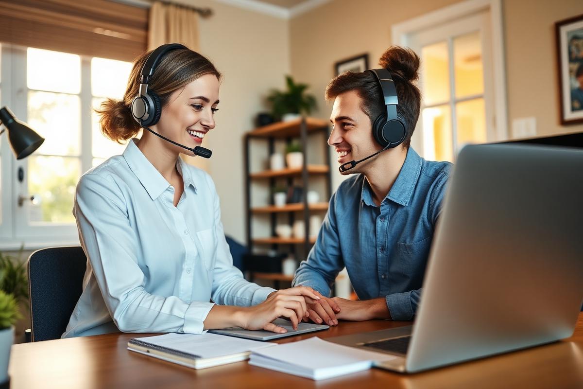 A customer success specialist on a headset guiding a new user through software