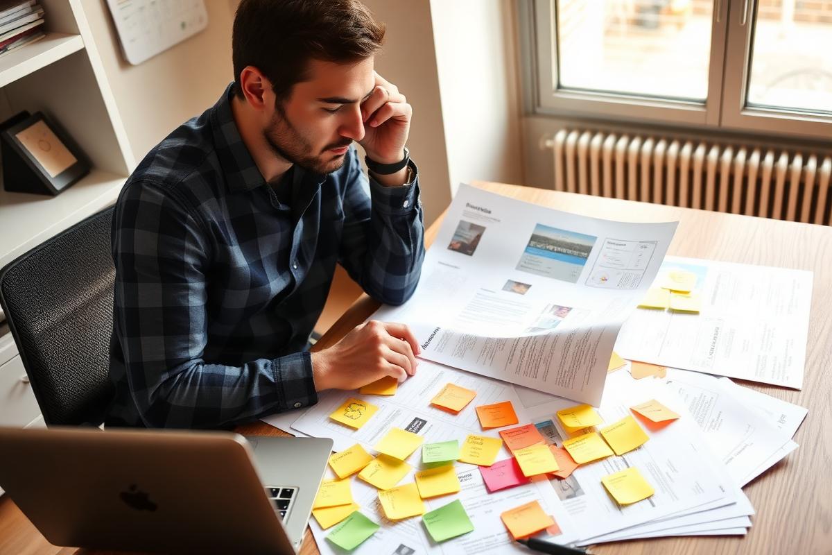 A designer reviewing printed storyboards and sticky notes spread across a desk