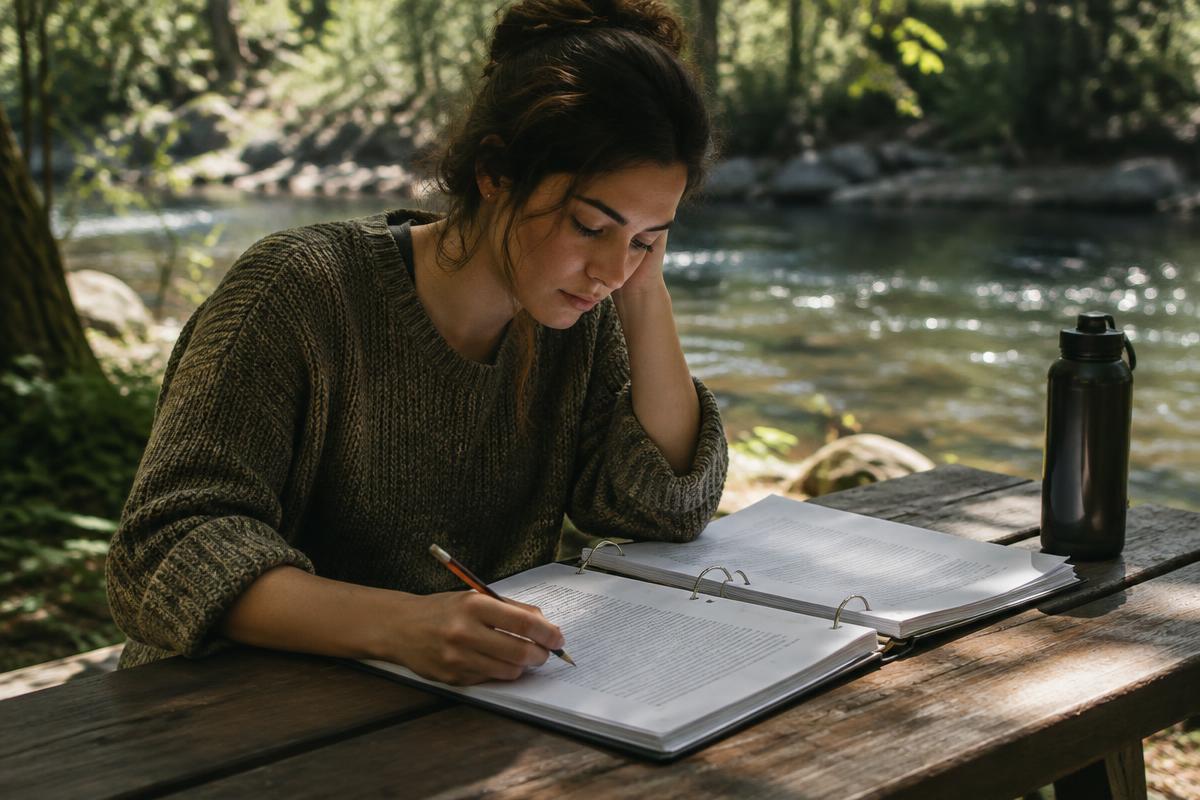 A designer making margin notes in a printed curriculum binder at a riverside picnic table