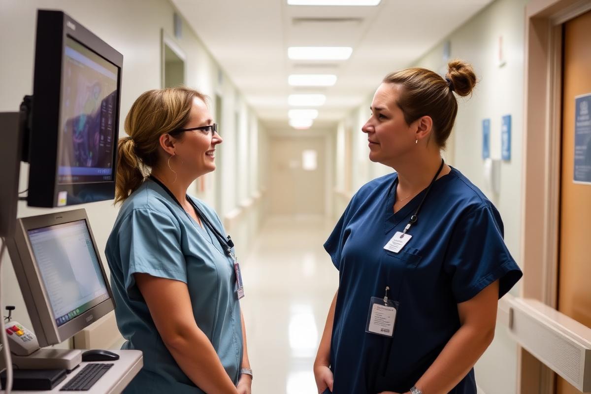 Two healthcare staff talking in a hospital corridor beside a workstation screen
