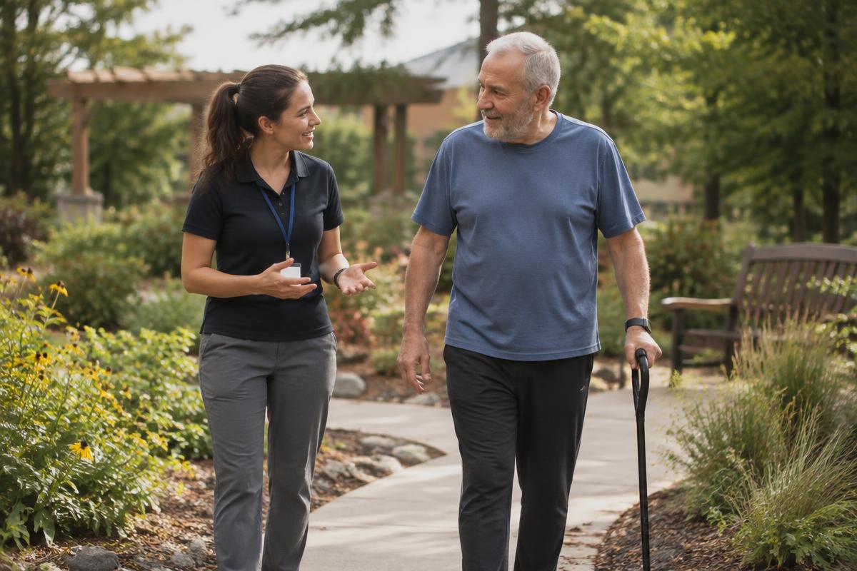 A physical therapist walking and talking with a patient using a cane in a rehabilitation garden