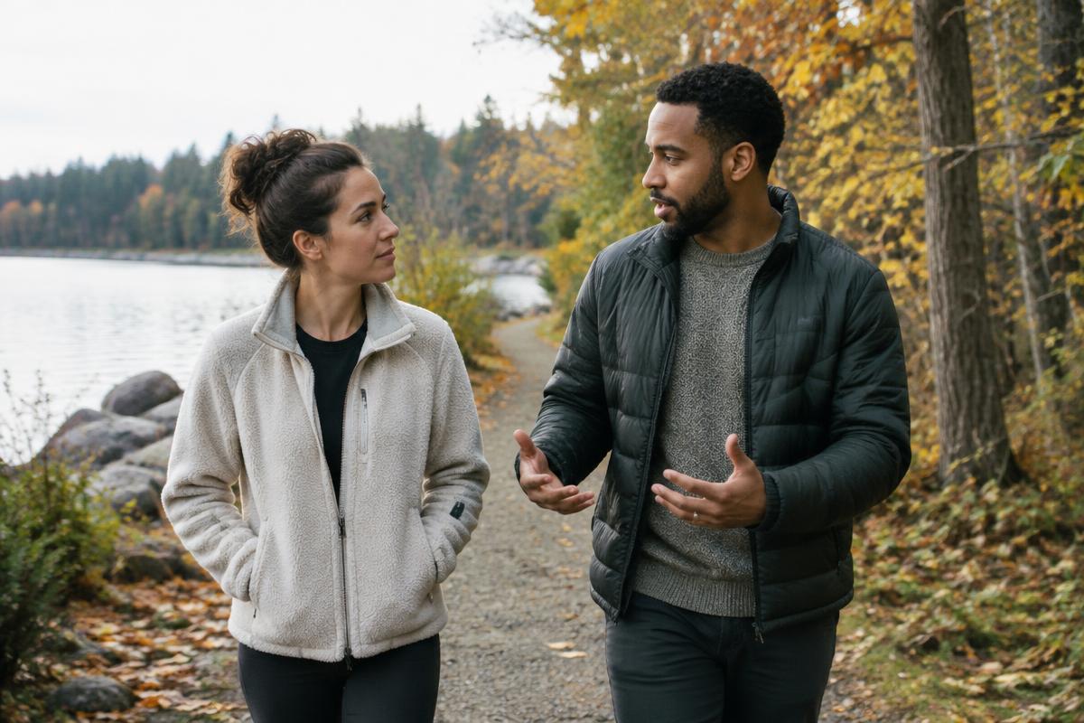 Two colleagues in an honest one-to-one conversation while walking a lakeside trail in autumn