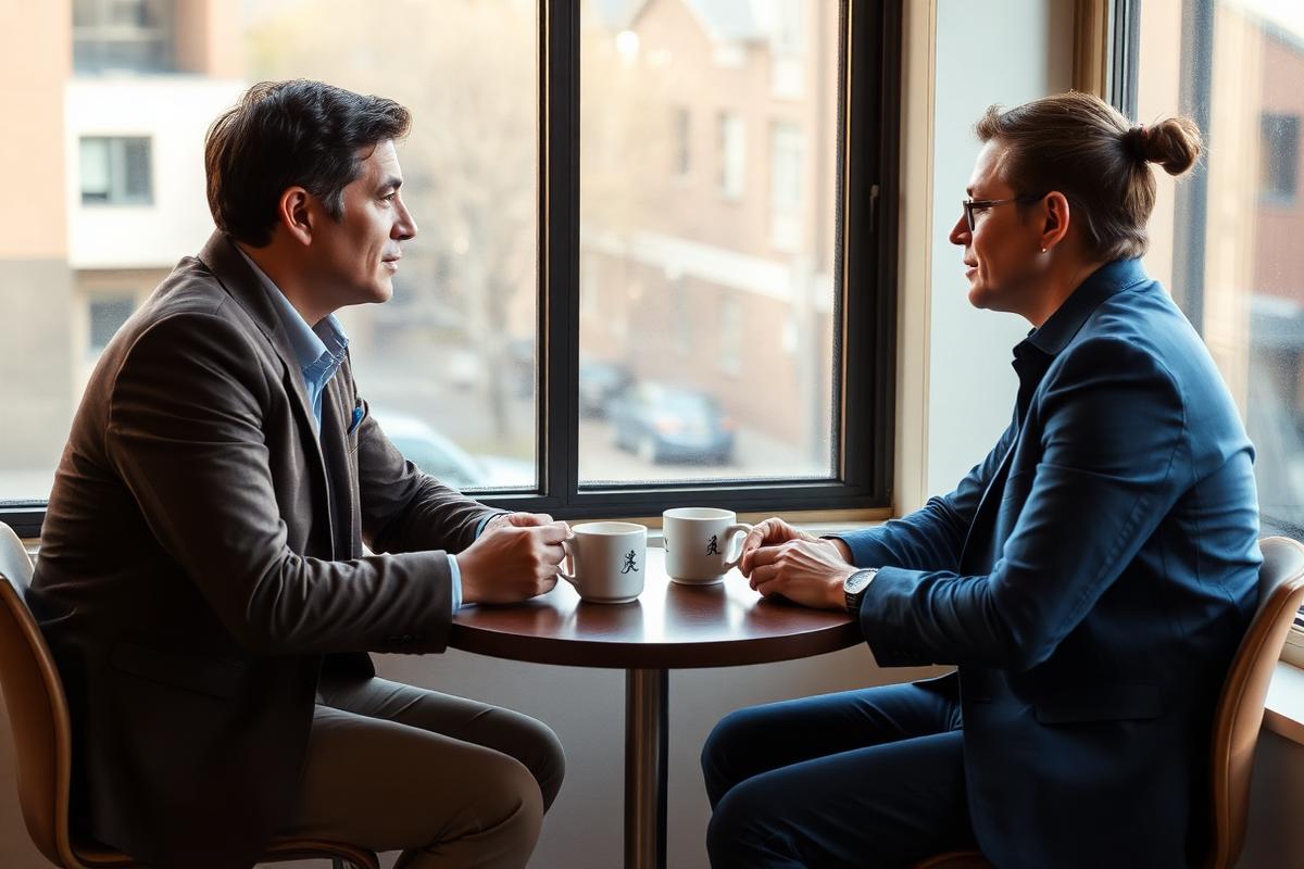 Two colleagues in an honest one-to-one conversation across a small table by a window