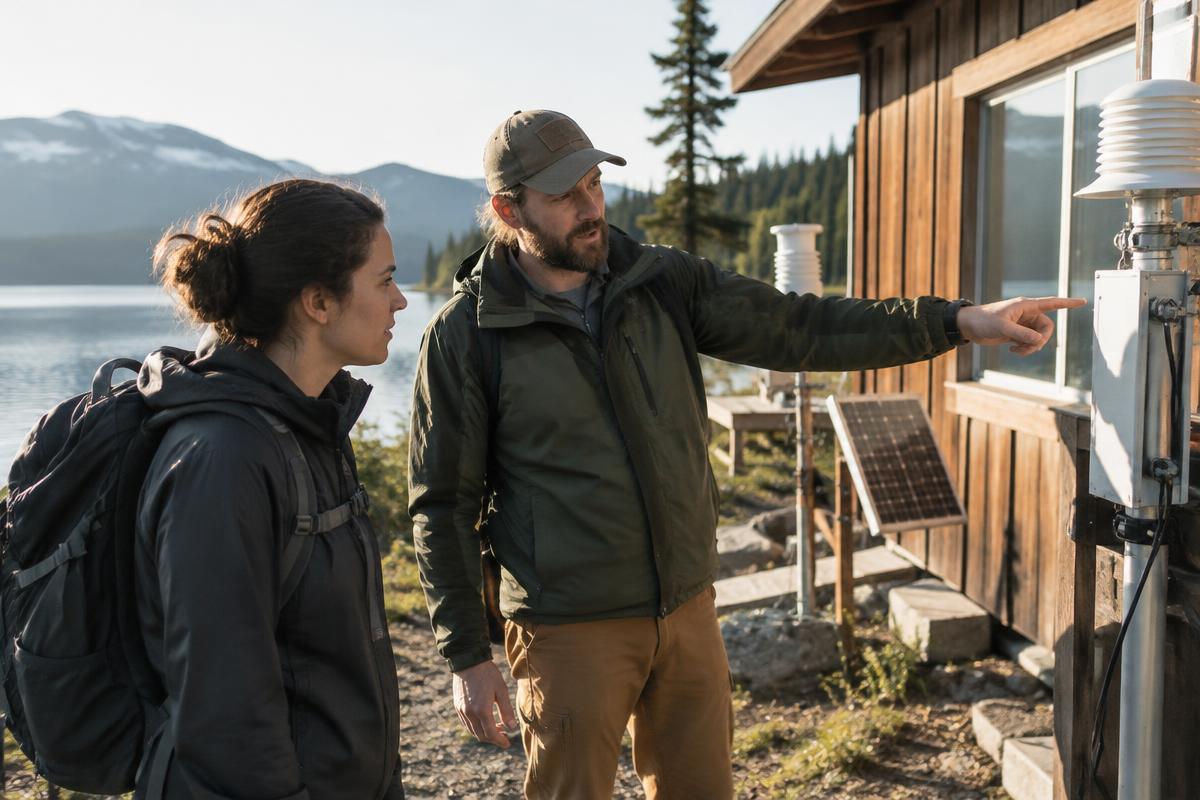 A station manager showing a new seasonal technician around a lakeside field research station