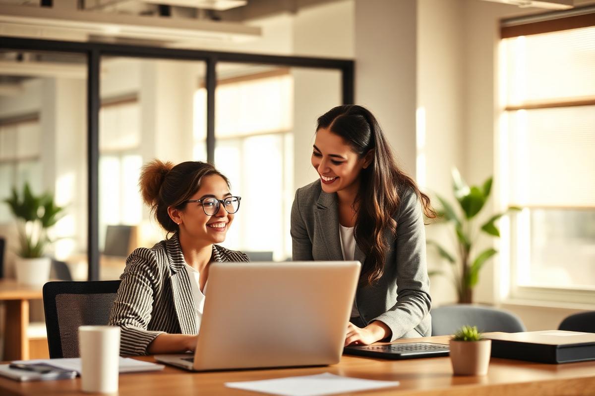A new employee at a desk being welcomed by a colleague leaning in to help
