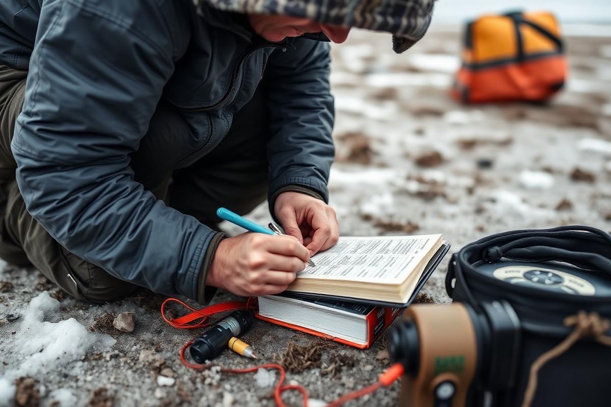 A field scientist kneeling on tundra, writing observations in a notebook beside sampling gear
