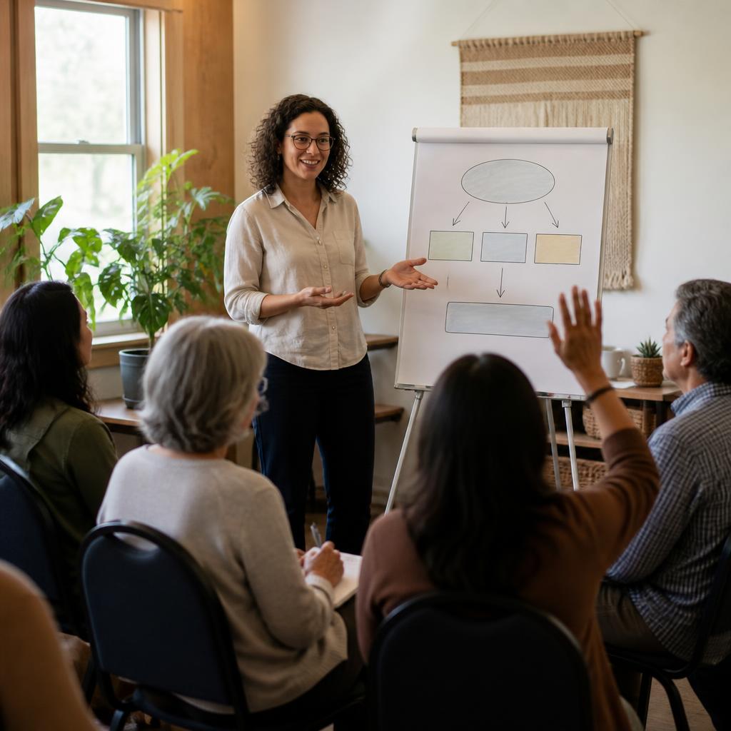 The same researcher presenting a simple message hierarchy on a flip chart to an engaged audience with a raised hand