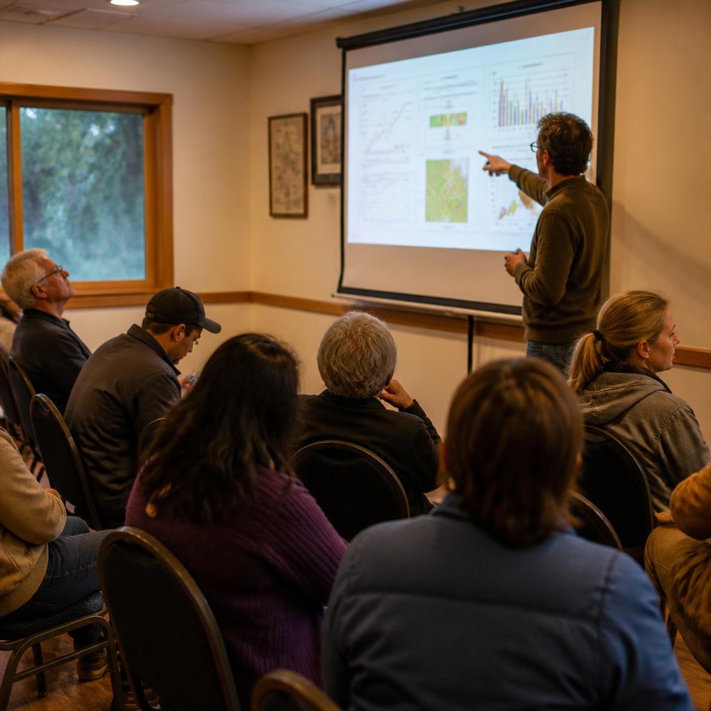 A researcher pointing at a dense projected slide while a community audience begins to disengage