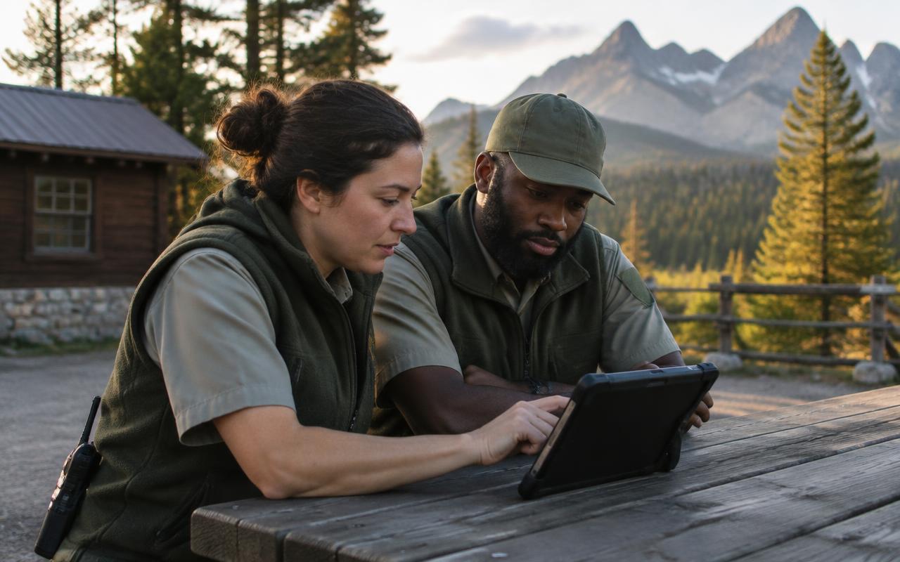 Two park rangers reviewing a workflow together on a tablet at an outdoor picnic table