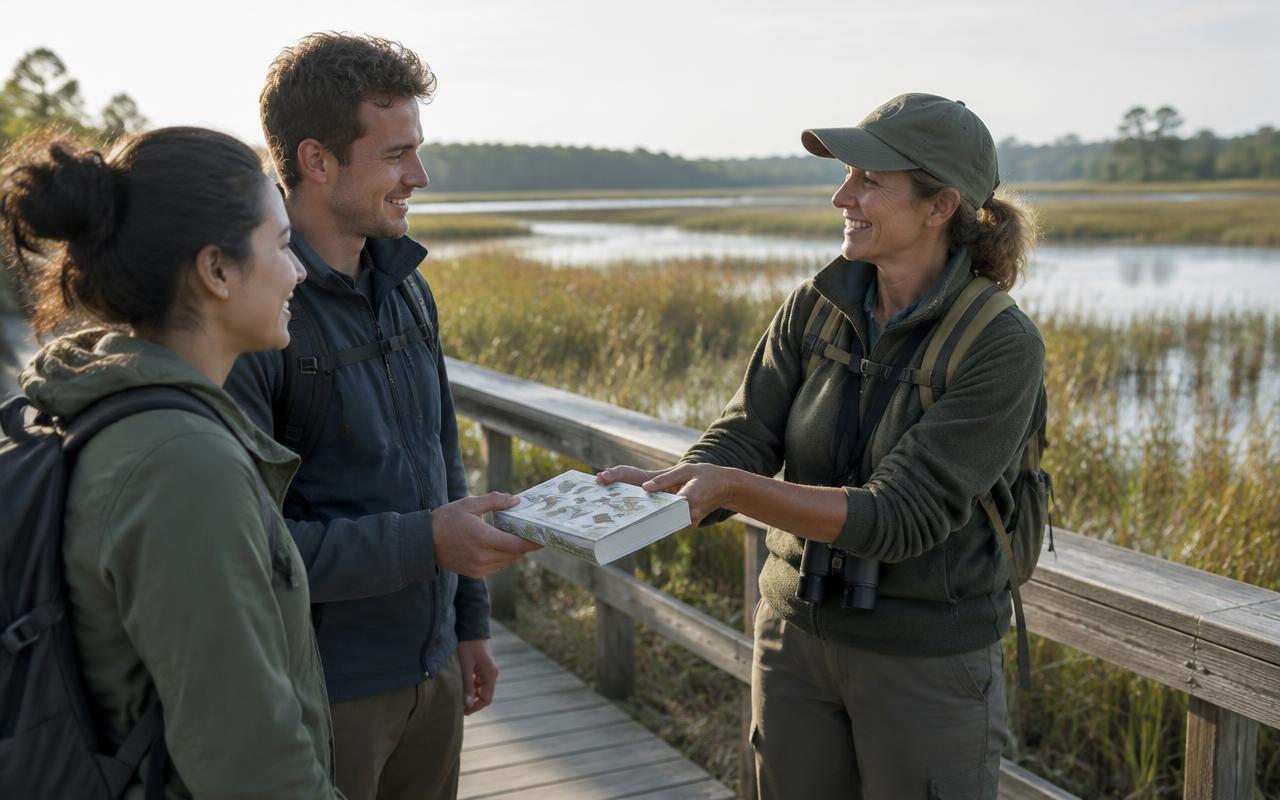 A naturalist welcoming two new team members on a marsh boardwalk and handing them a field guide