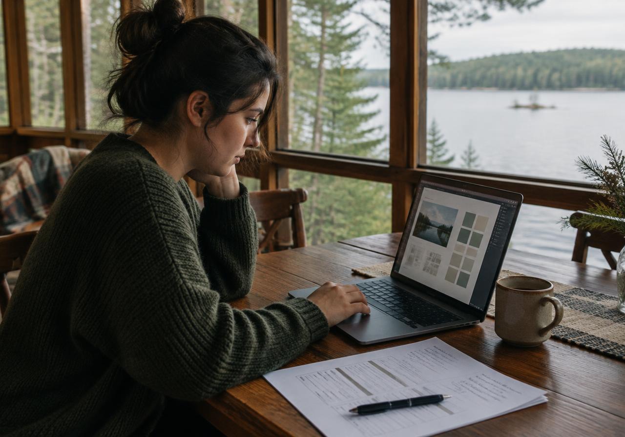 A learning designer reviewing a course on a laptop at a cabin table overlooking a lake