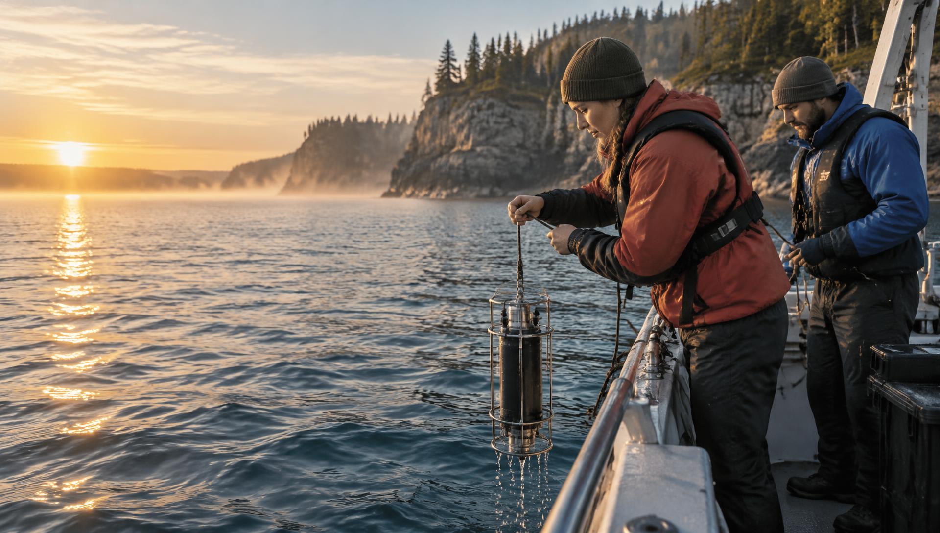 Two field scientists lowering a water-sampling instrument from a research boat on Lake Superior at sunrise