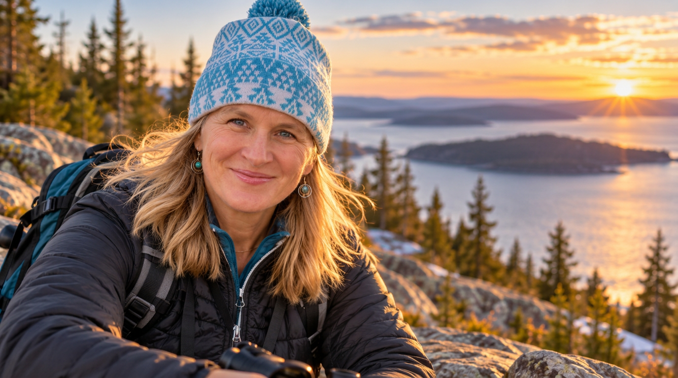 Kirsten Alburg smiling on a rocky overlook above Lake Superior at sunset