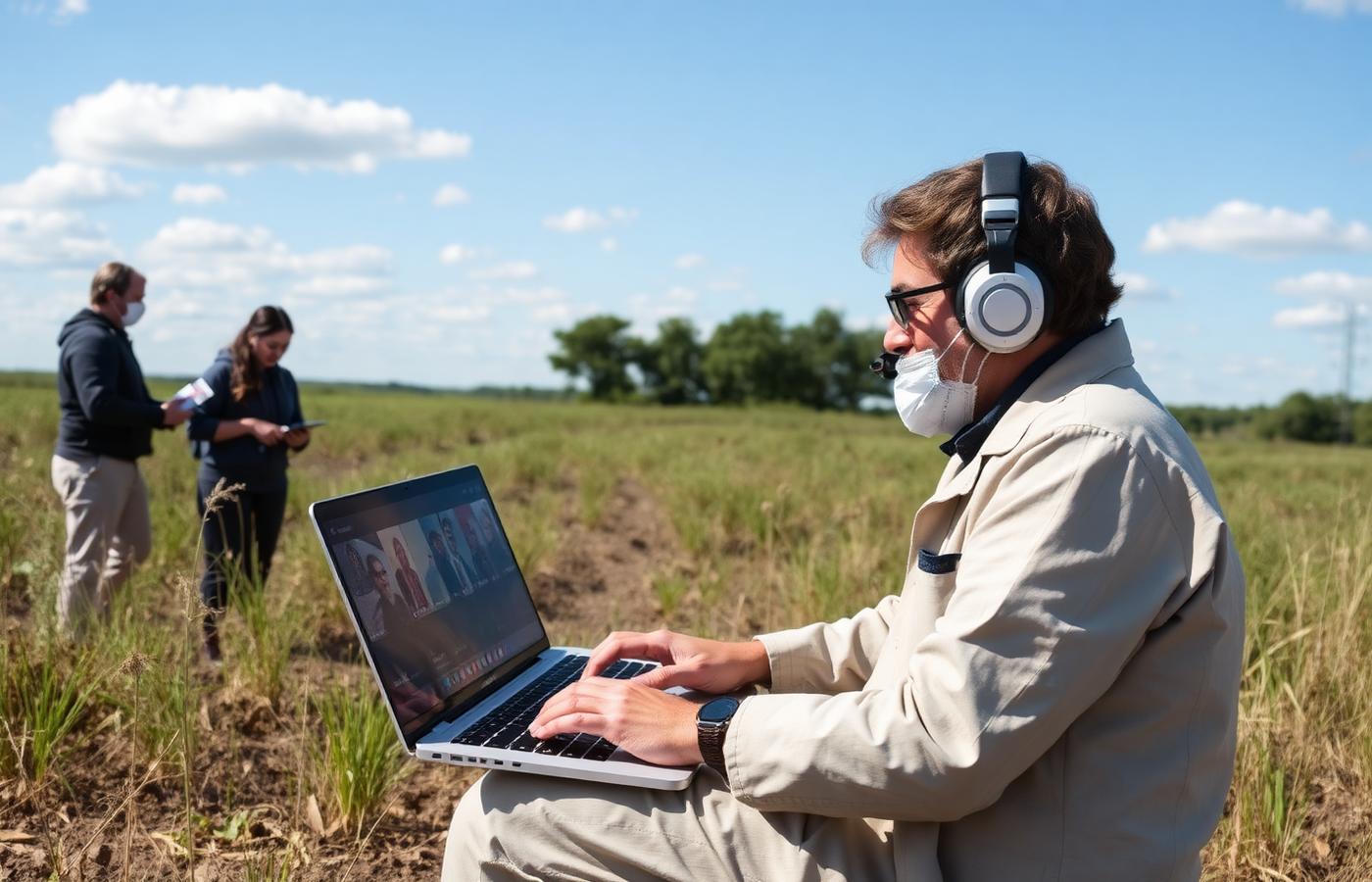 A field scientist joining a live virtual learning session from a research site