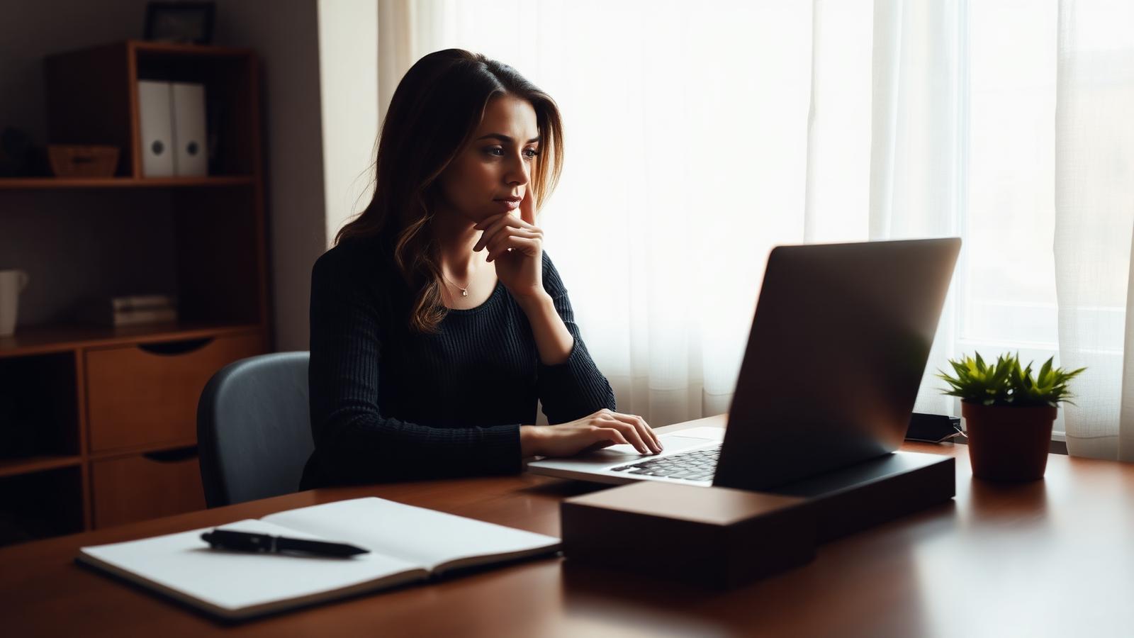 A designer reviewing a printed draft beside a laptop