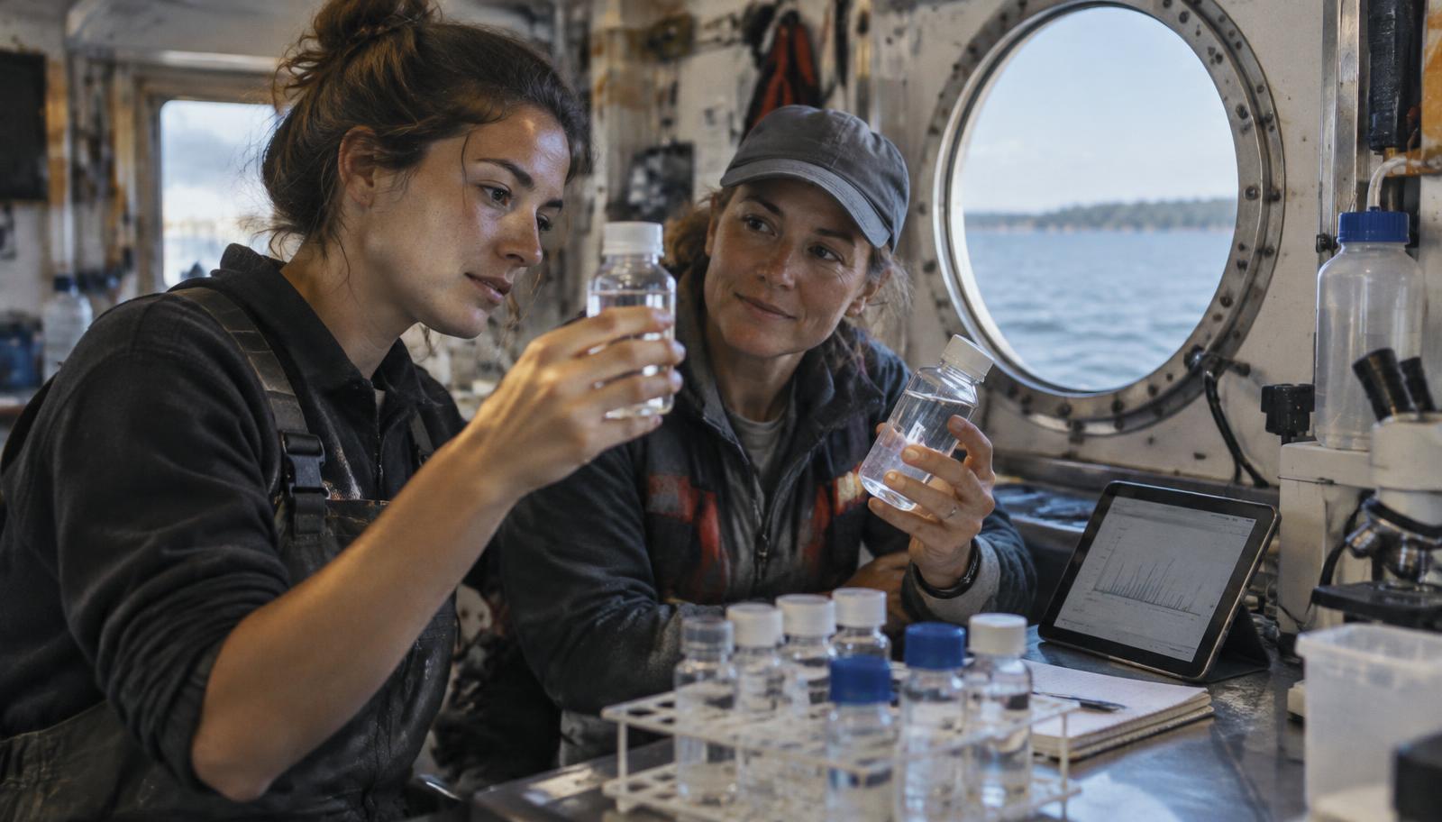 A scientist and an educator examining water samples inside a research vessel lab on the Great Lakes