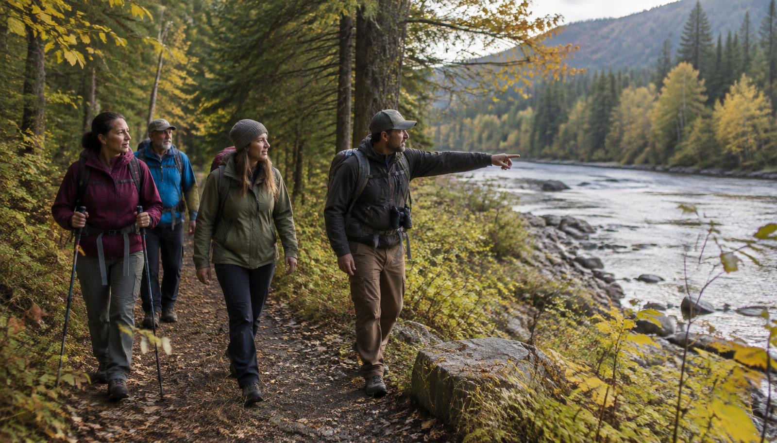 A guide pointing out the river to a small group of adult learners on an autumn forest trail