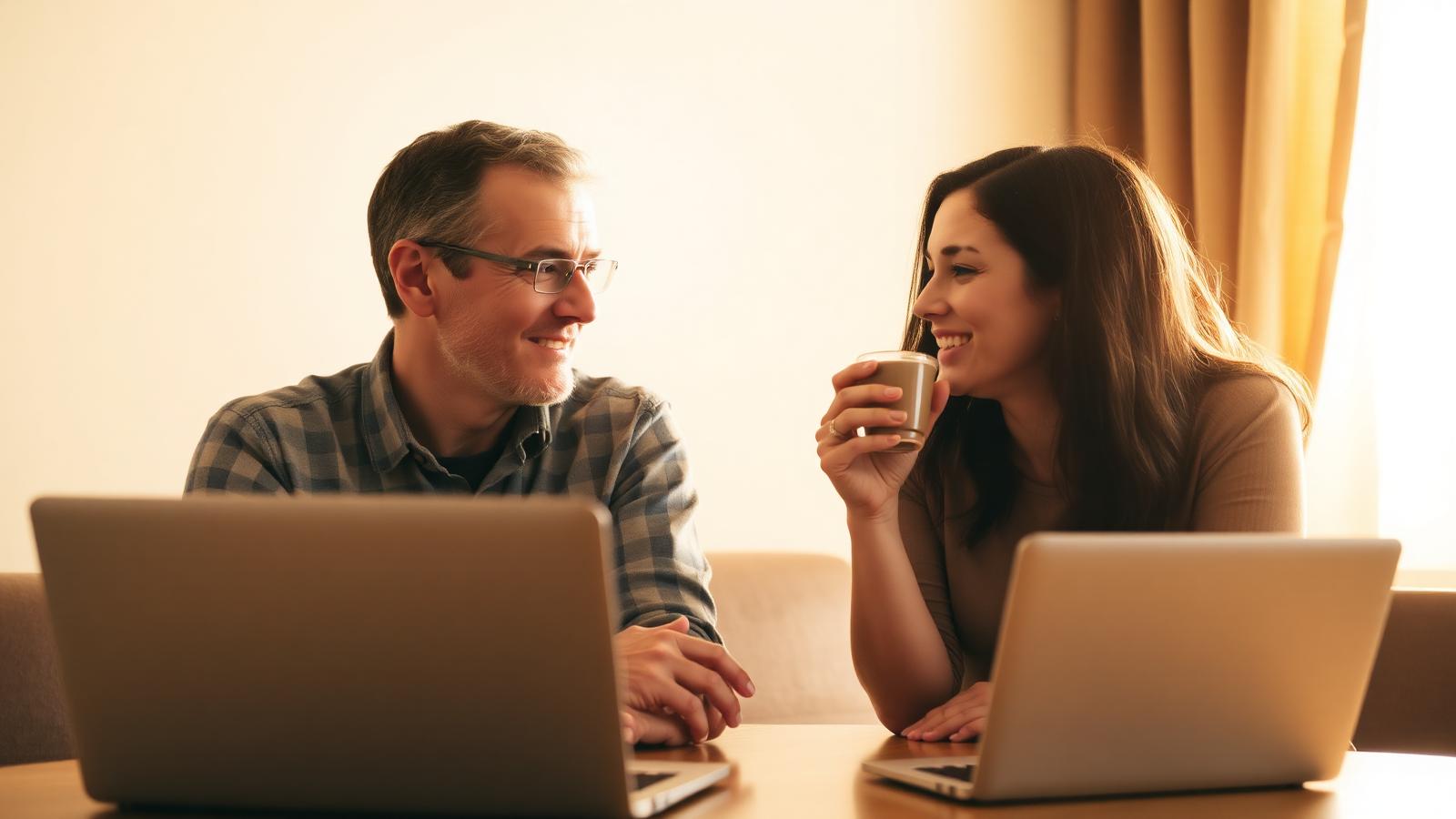 Two people in a warm, friendly conversation over coffee
