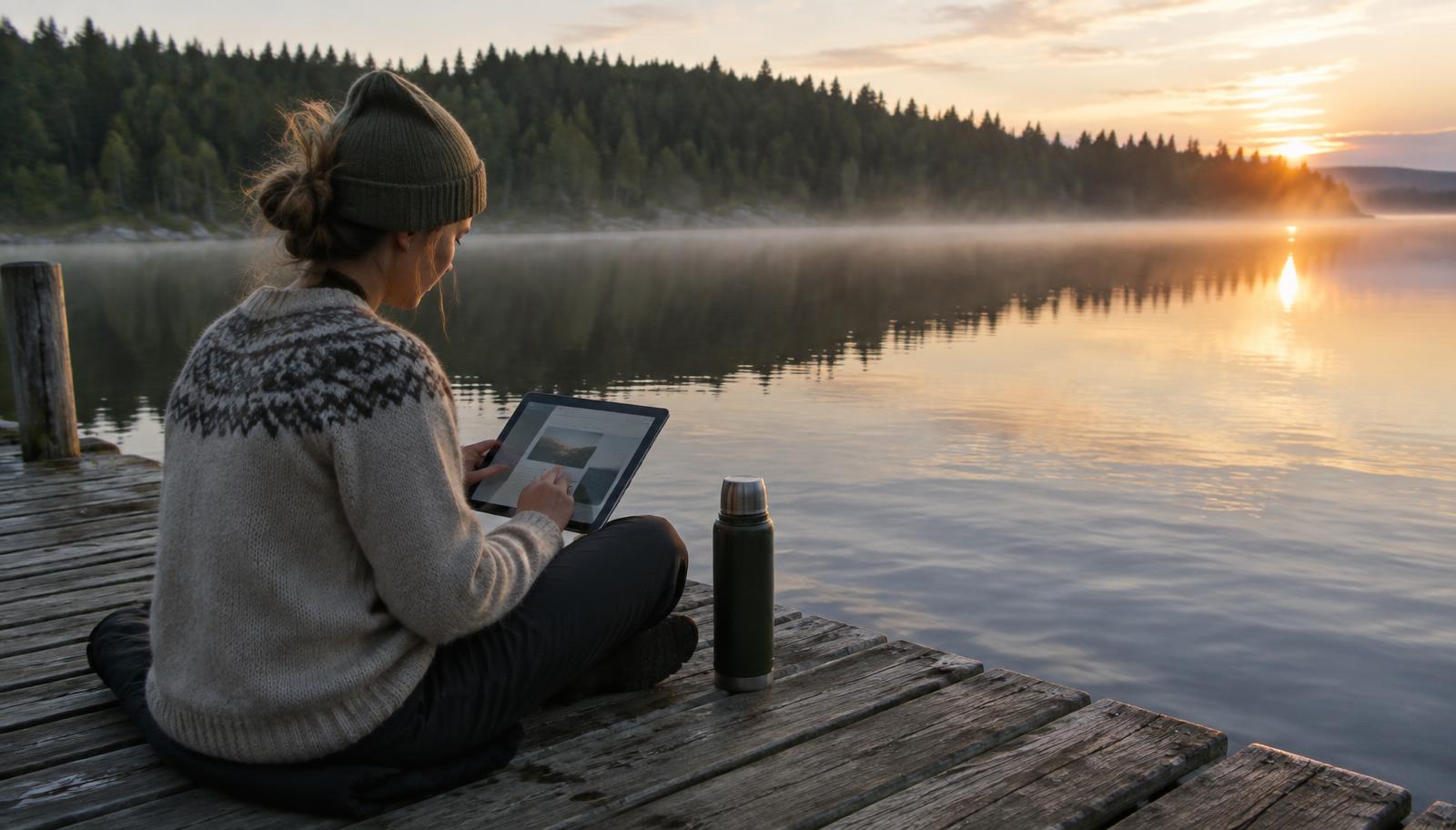 A learner working through an online module on a tablet while sitting on a lakeside dock at dawn