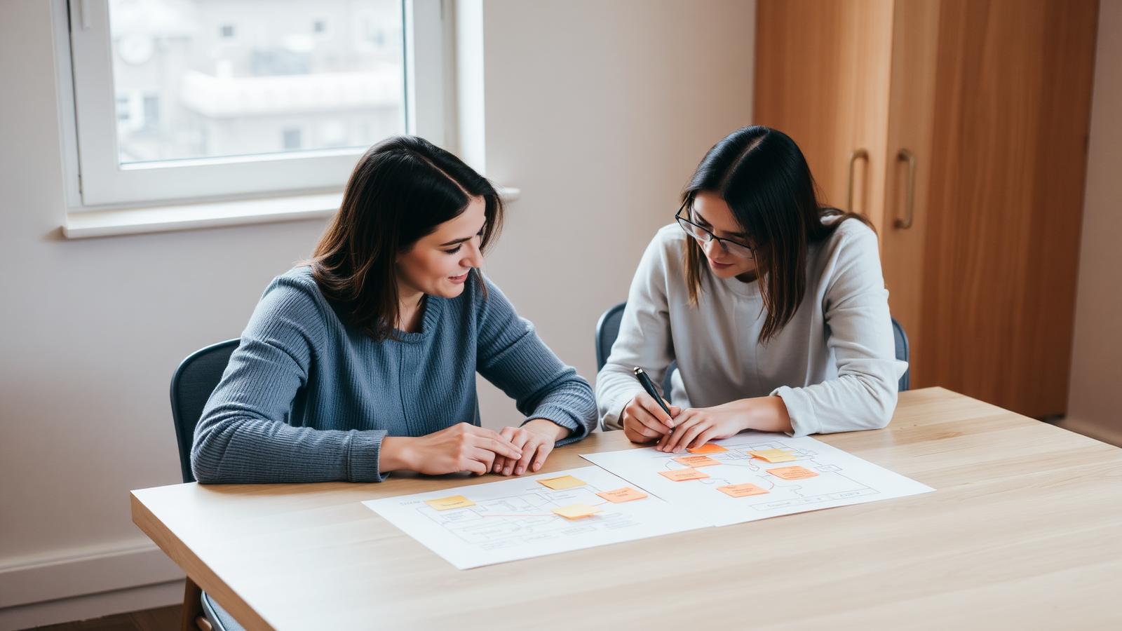 A learning designer and a subject matter expert mapping a course flow together at a table