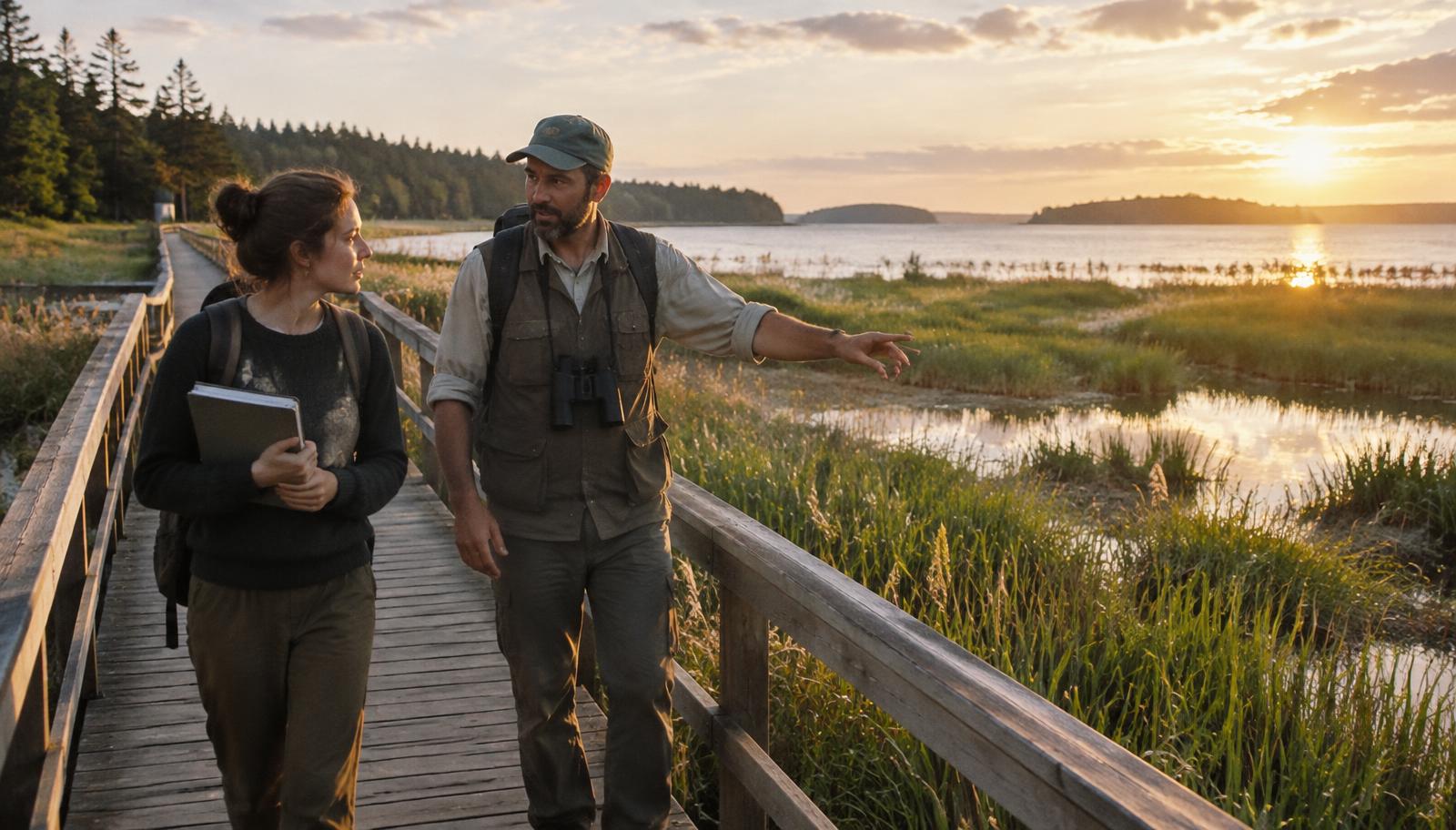 A learning designer walking a marsh boardwalk with a park biologist who points across the wetland