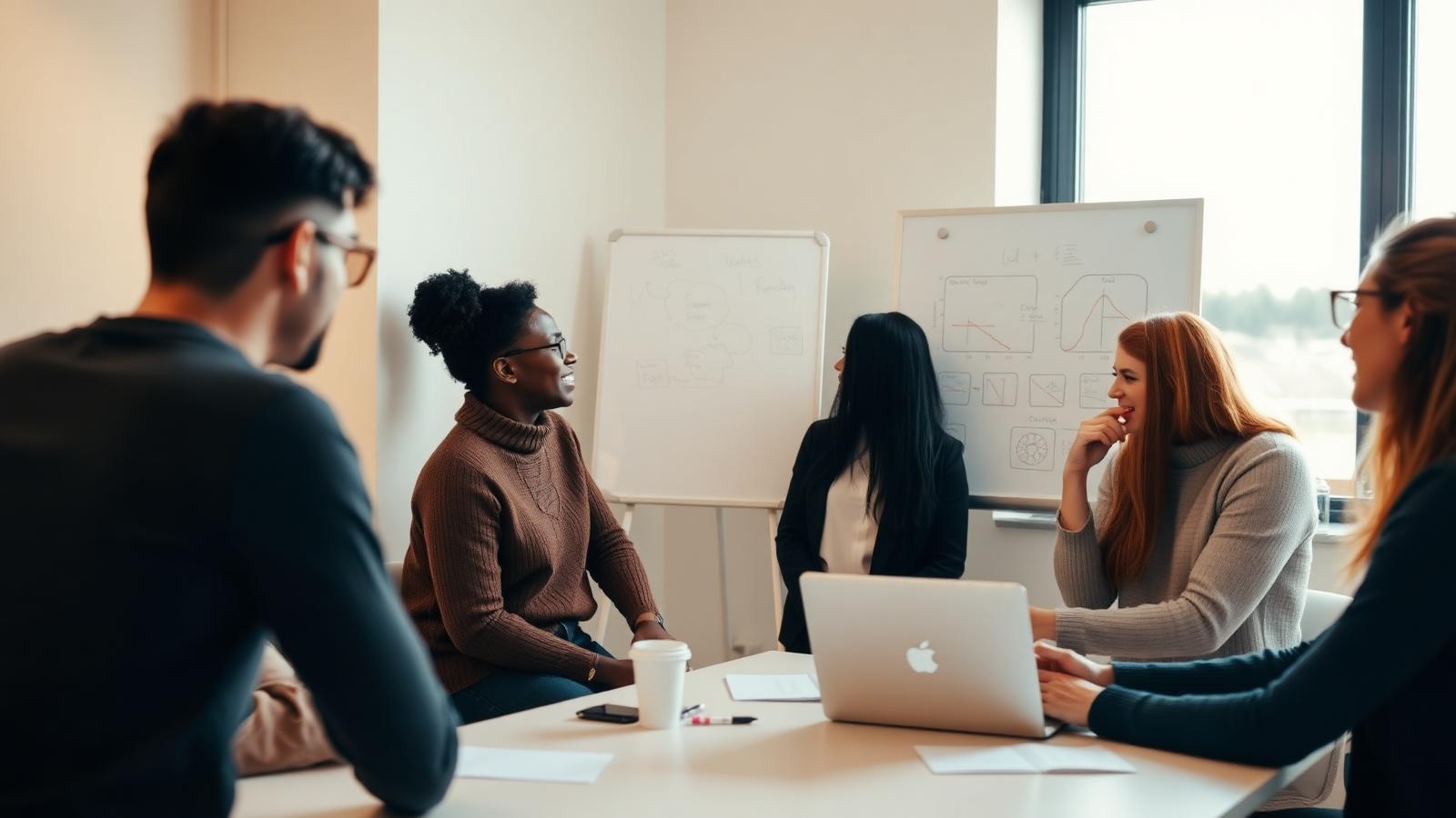 A small team collaborating around a whiteboard in a bright meeting room