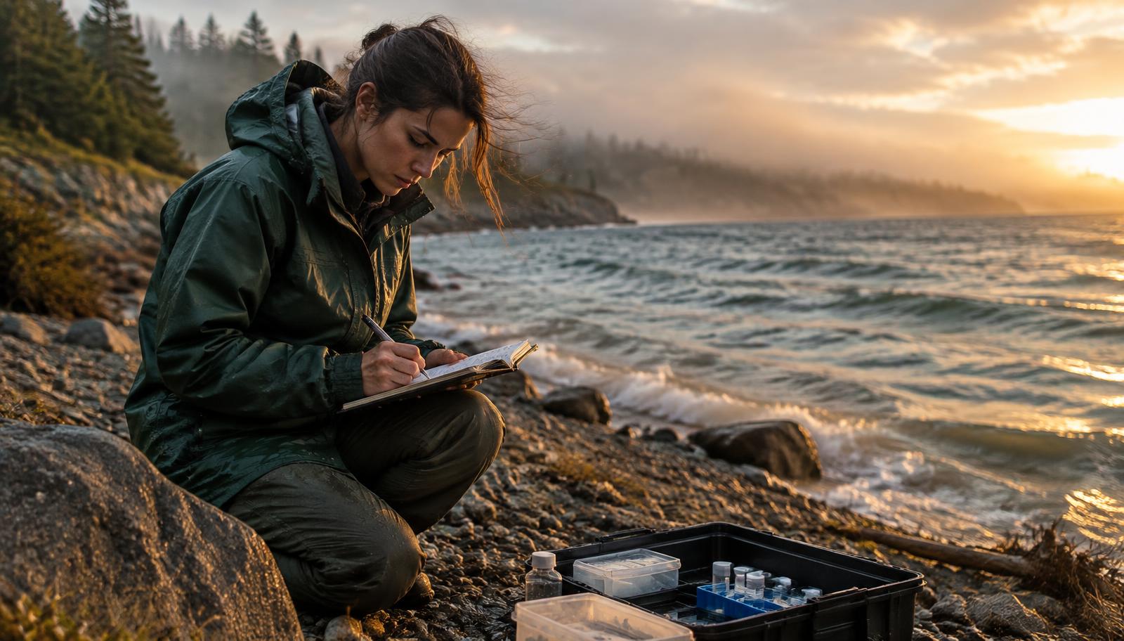A field researcher writing notes on a Great Lakes shoreline at sunrise, sample kit beside her