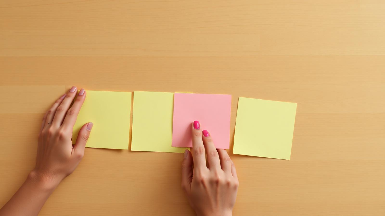 Hands arranging blank sticky notes in a sequence on a table