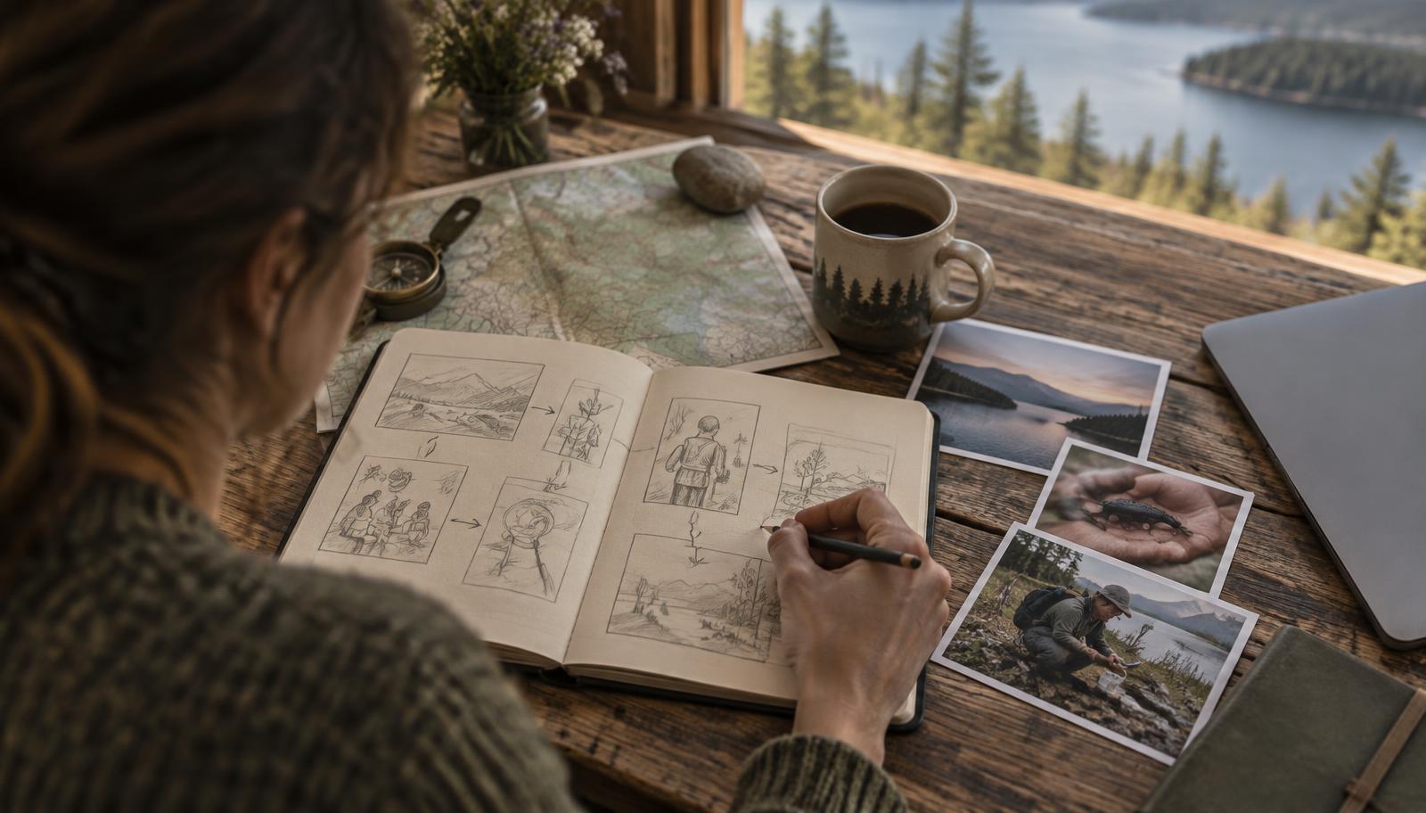 A designer sketching a learning storyboard in a field notebook beside a map, with a lake view through the window