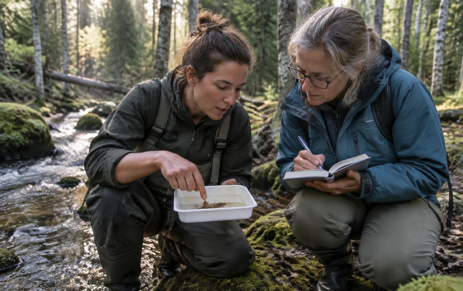 A field ecologist kneeling by a forest stream showing a sample tray to a teacher writing in a field notebook