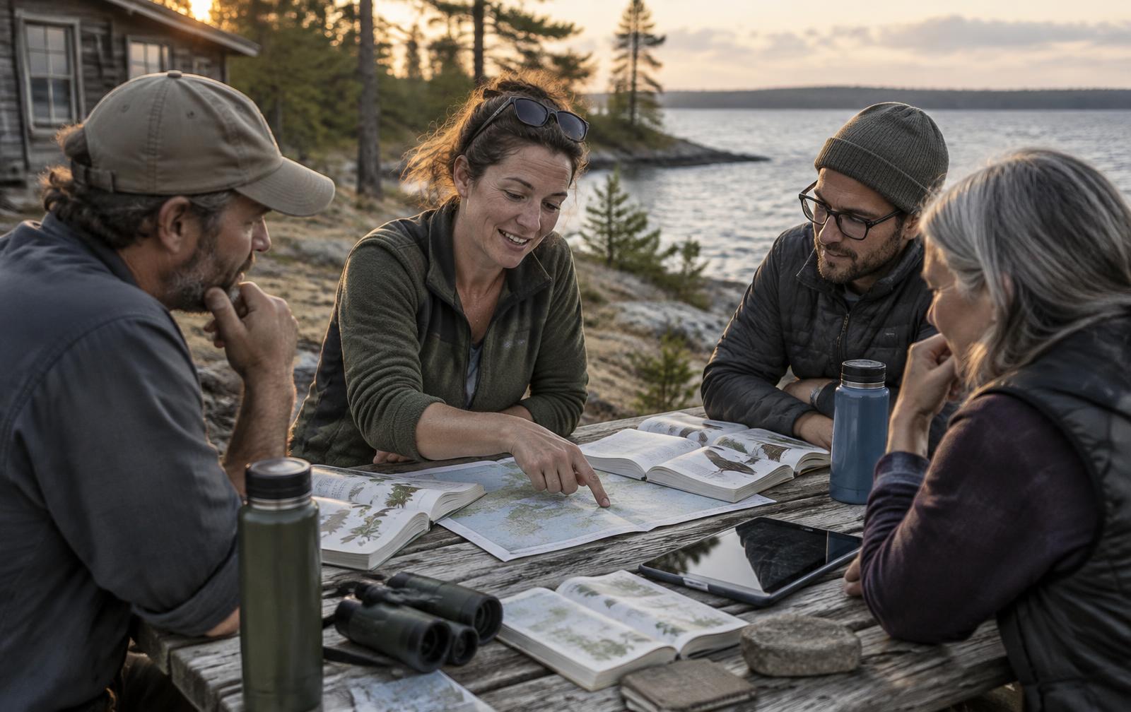 Adult educators around a lakeside picnic table with maps and field guides as a facilitator explains